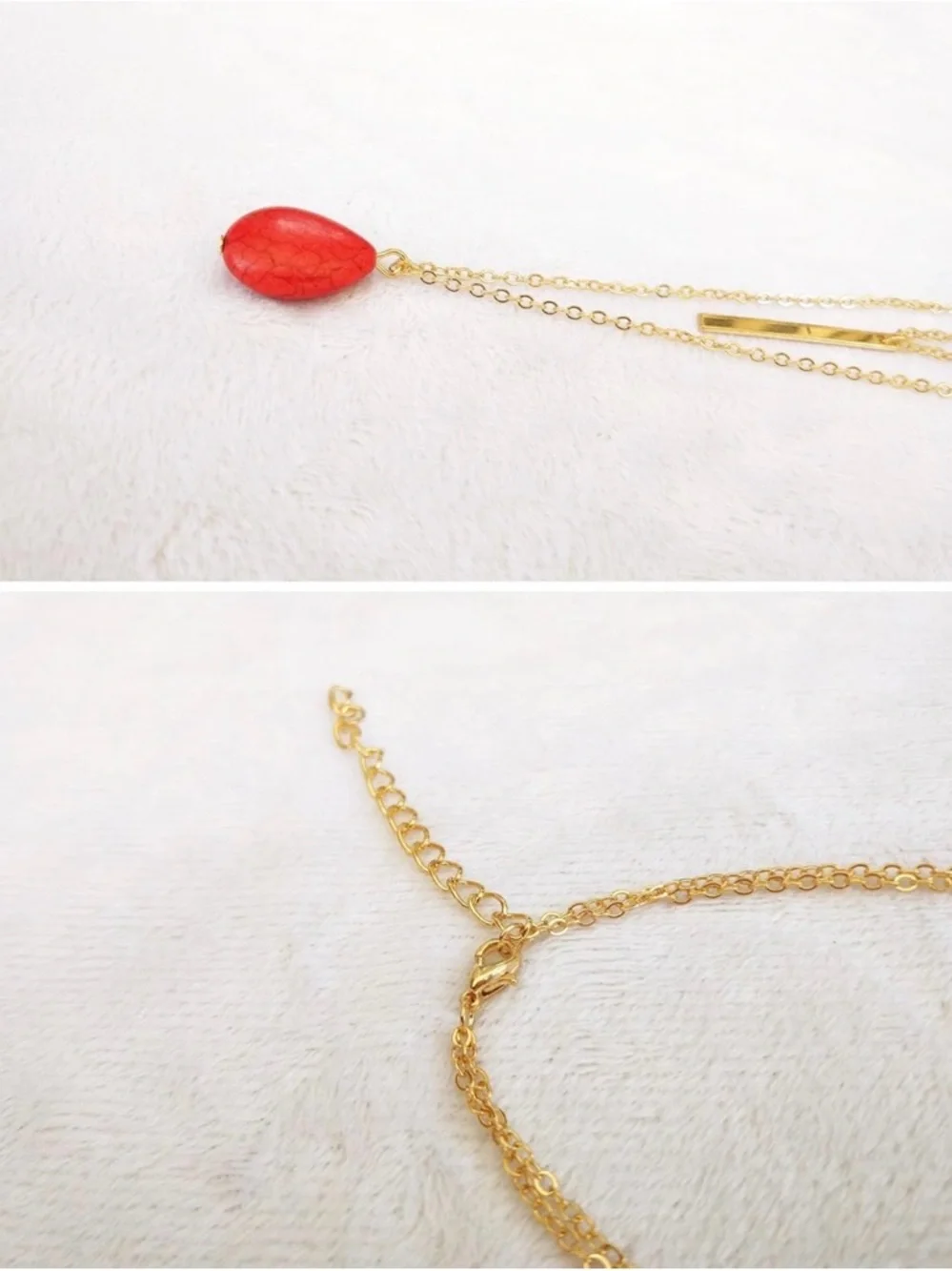 Layered Necklace with Red Teardrop Pendant - Women Jewelry